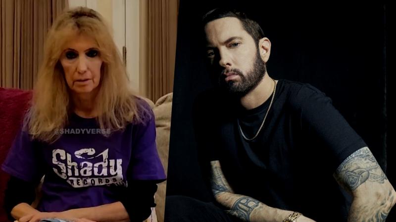 Links: Eminems Mutter in einem Shady Records Shirt, rechts: Eminem vor grauem Hintergrund