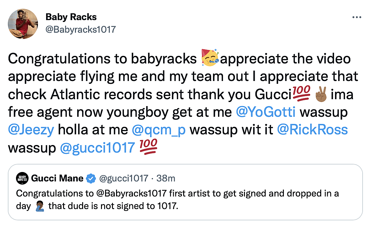Baby racks bedankt sich bei Gucci Mane und bewirbt sich bei anderen Rappern