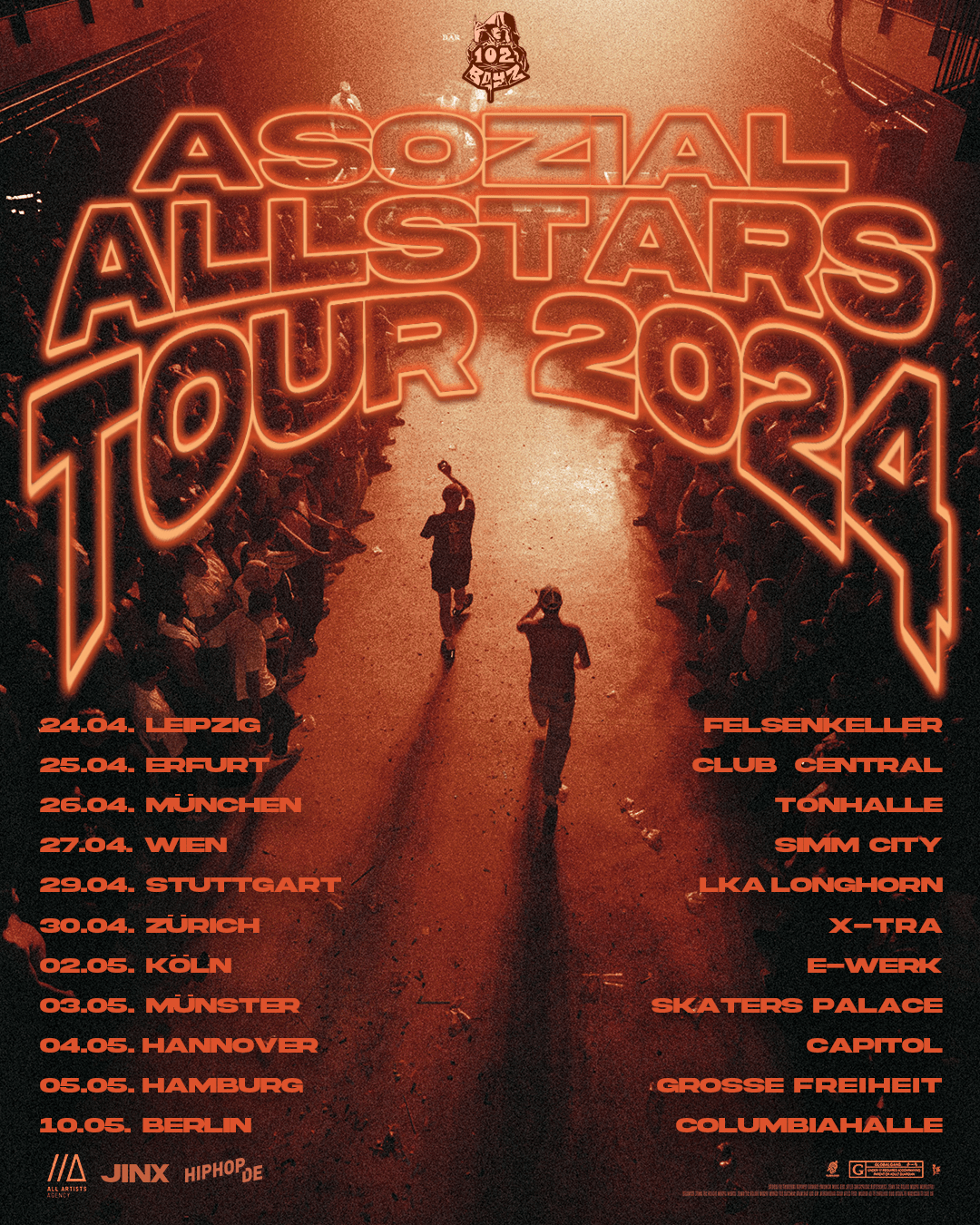 Tourposter der "Asozial Allstars Tour 2024" der 102 Boyz