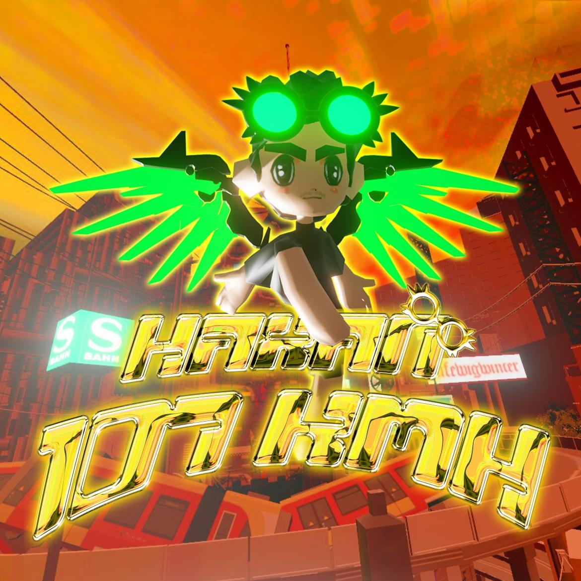 Cover der Haxan Single "107 Kmh", zeigt Animierte Figur von Haxan üder Schritfzug Titel des Songs
