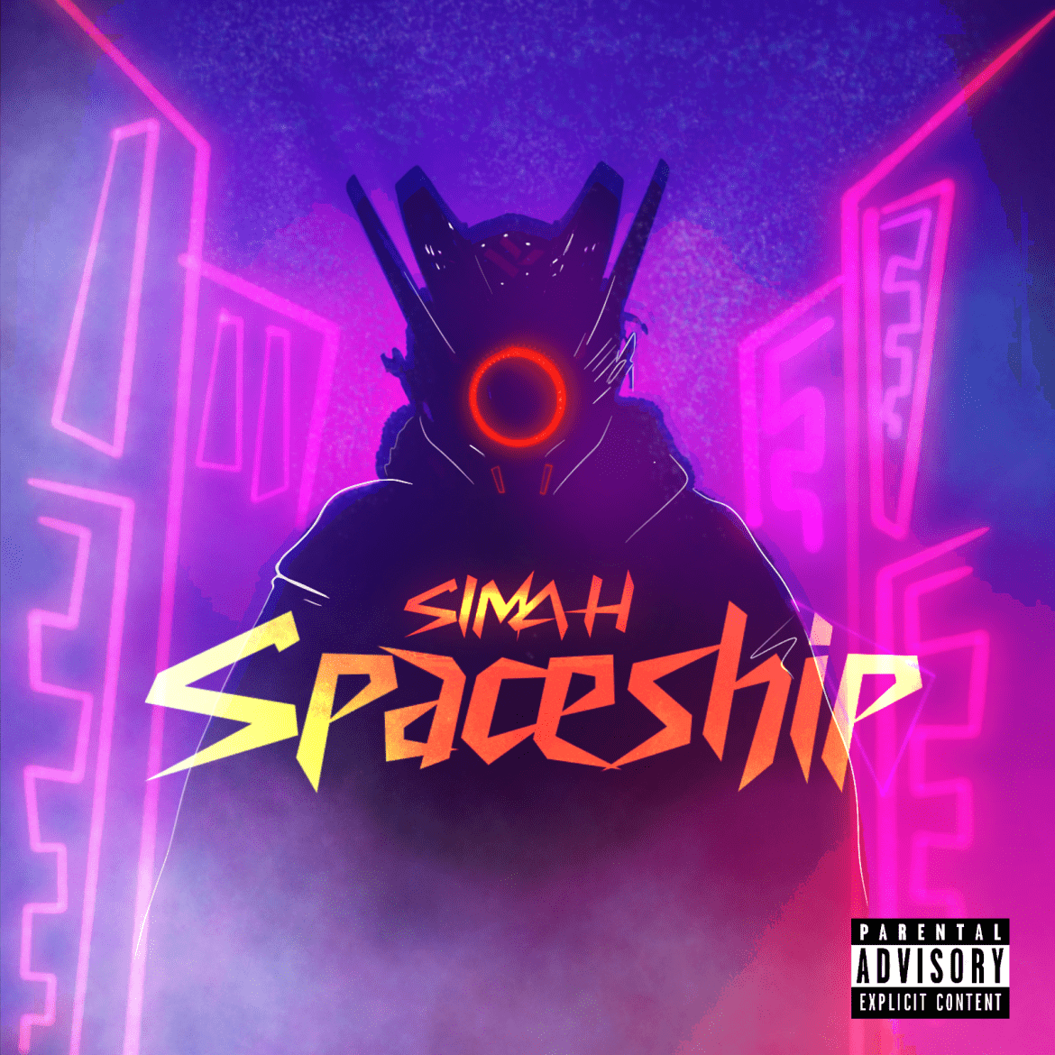 Cover , Aufschrift SIMAH Spaceship , hinter dem Titel eine Person mit einer Maske mit einem sichtbaren Roten Ring in der Mitte . Hintergrund neon pink /lila