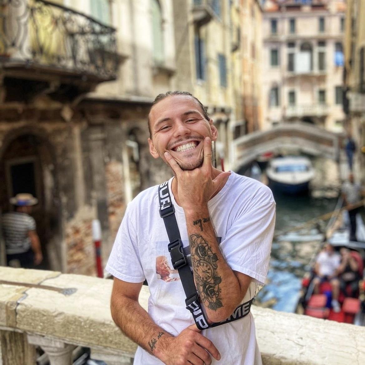 Boy, white t-shirt, boy with tattoos, Venice, Italy, Venice canal, city