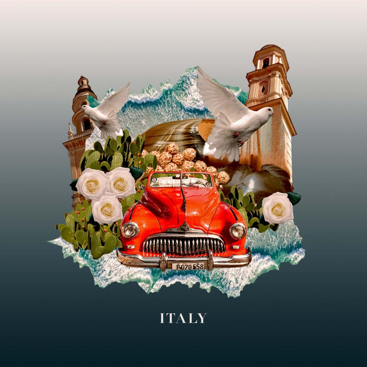 Cover Art Gio G Italy, White and Blue Background, Collage of a Street, The Sea, Pigeons, Cactus, Road, Autumn feeling