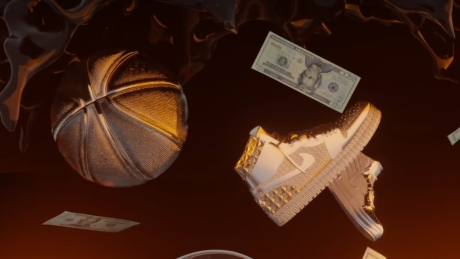 Ein animierter Basketball, ein Jordan und Geld fliegen durch die Luft