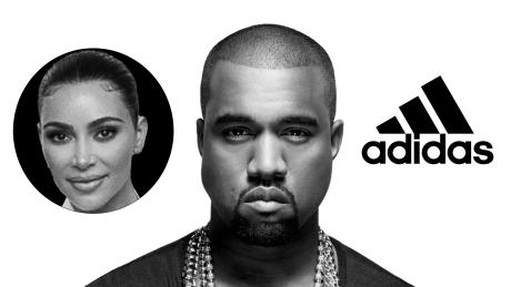kanye west in der mitte. Links von ihm ein Kreis mit Bild von Kim Kardashian. Rechts von ihm das Adidas Logo