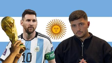 WM-Pokal, Lionel Messi und Dardan. Argentinische Flagge im Hintergrund