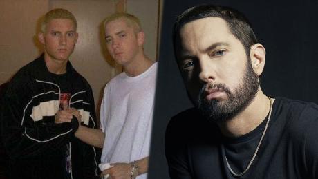 Eminem neben einem alten Bild von Eminem und seinem Stunt-Double