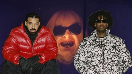 Collage von Drake, 21 Savage und Tour-Bühnenbild mit Anna Wintour