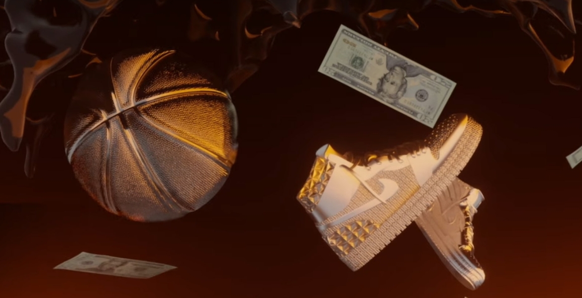 Ein animierter Basketball, ein Jordan und Geld fliegen durch die Luft