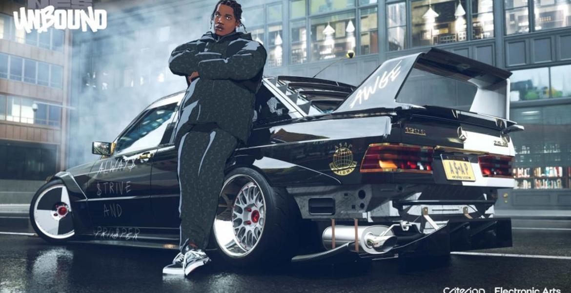 Der virtuelle A$AP Rocky steht vor einem Mercedes Sportwagen