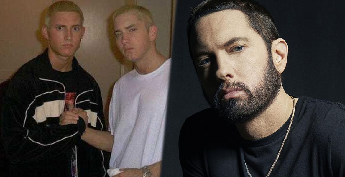 Eminem neben einem alten Bild von Eminem und seinem Stunt-Double