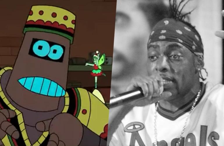 Links: Coolios Futurama-Charakter Kwanzaa Bot, Rechts: Schwarzweiß-Bild von Coolio bei einem Auftritt