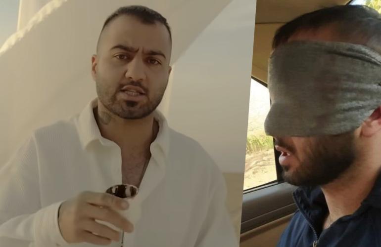Links: Toomaj Salehi mit einem Kaffe in der Hand, Rechts: Toomaj Salehi mit verbundenen Augen