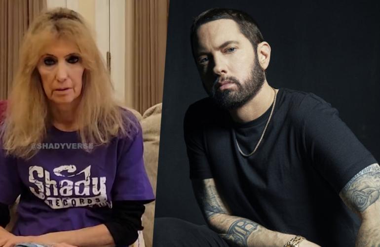 Links: Eminems Mutter in einem Shady Records Shirt, rechts: Eminem vor grauem Hintergrund