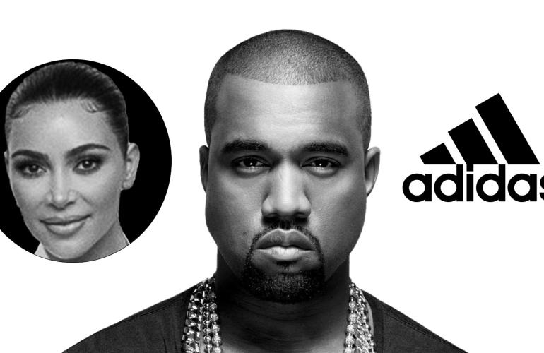 kanye west in der mitte. Links von ihm ein Kreis mit Bild von Kim Kardashian. Rechts von ihm das Adidas Logo