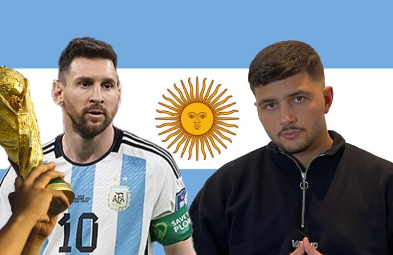 WM-Pokal, Lionel Messi und Dardan. Argentinische Flagge im Hintergrund