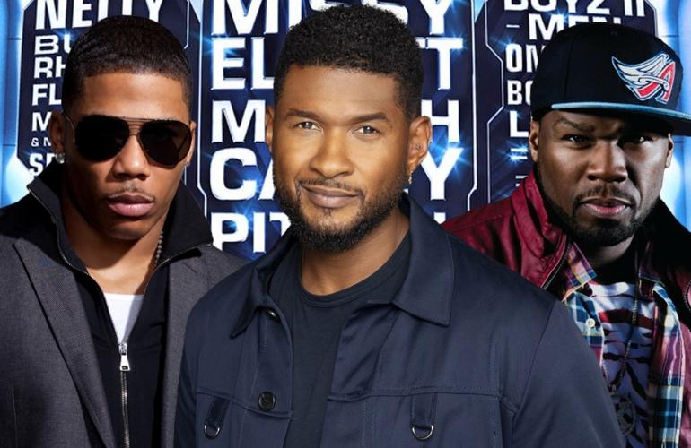 Nelly, Usher & 50 Cent vor dem Plakat für das "Lovers & Friends"-Festival mit dem Line-Up